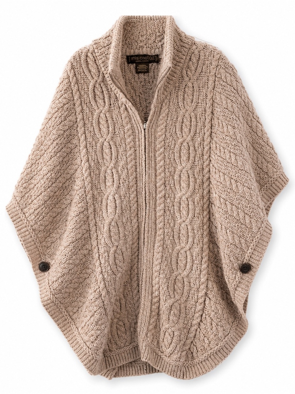 EUC!! Inis Crafts 100% Merino Wool Tan Cable Knit Zip-Front Poncho Cape Sweater